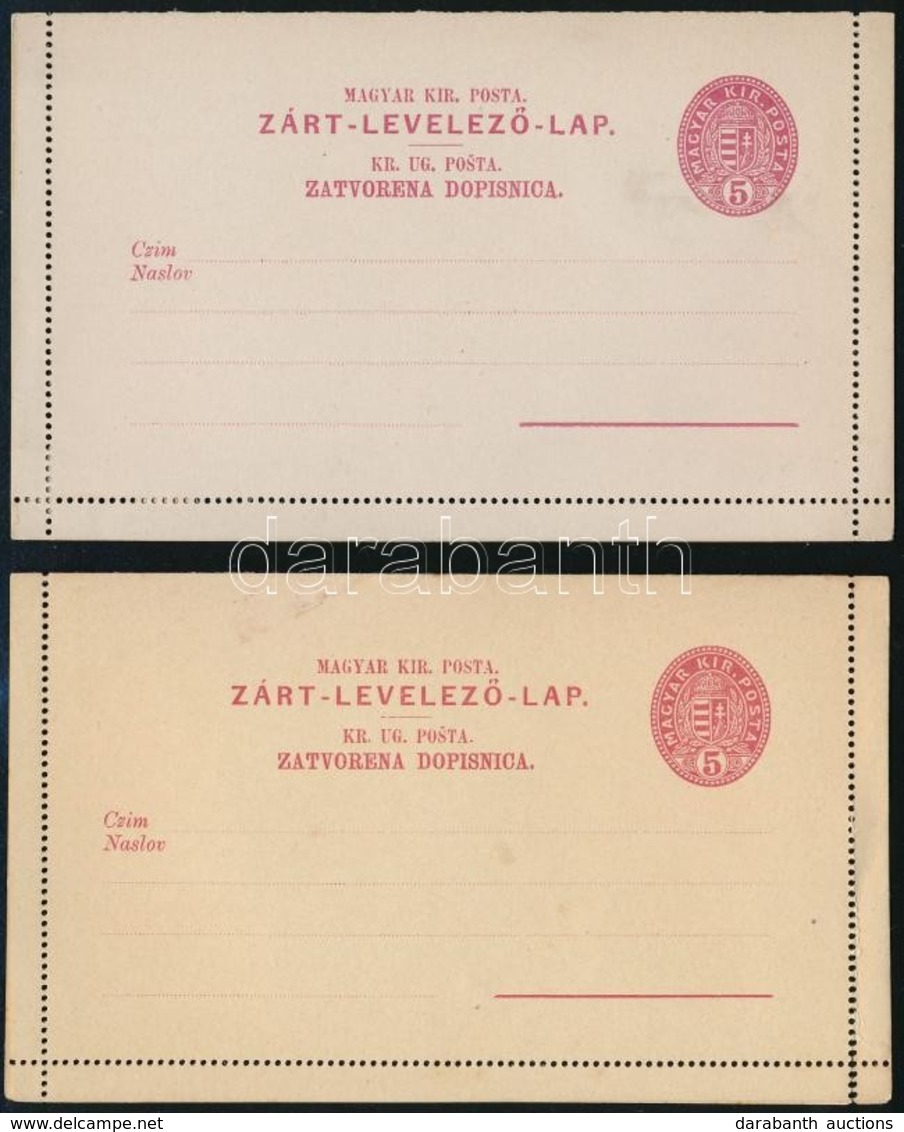 1886 2db Használatlan 5kr Díjjegyes Zárt Levelezőlap, Kétnyelvű, Sárgás és Szürke Papíron (4.300) - Sonstige & Ohne Zuordnung