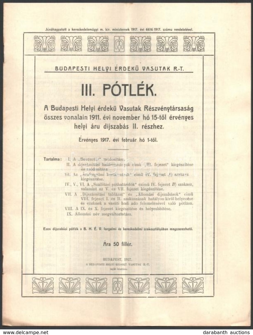 1917 Budapesti Helyi Érdekű Vasutak Rt. III. Pótlék A Helyi Díjszabáshoz, 7p - Ohne Zuordnung