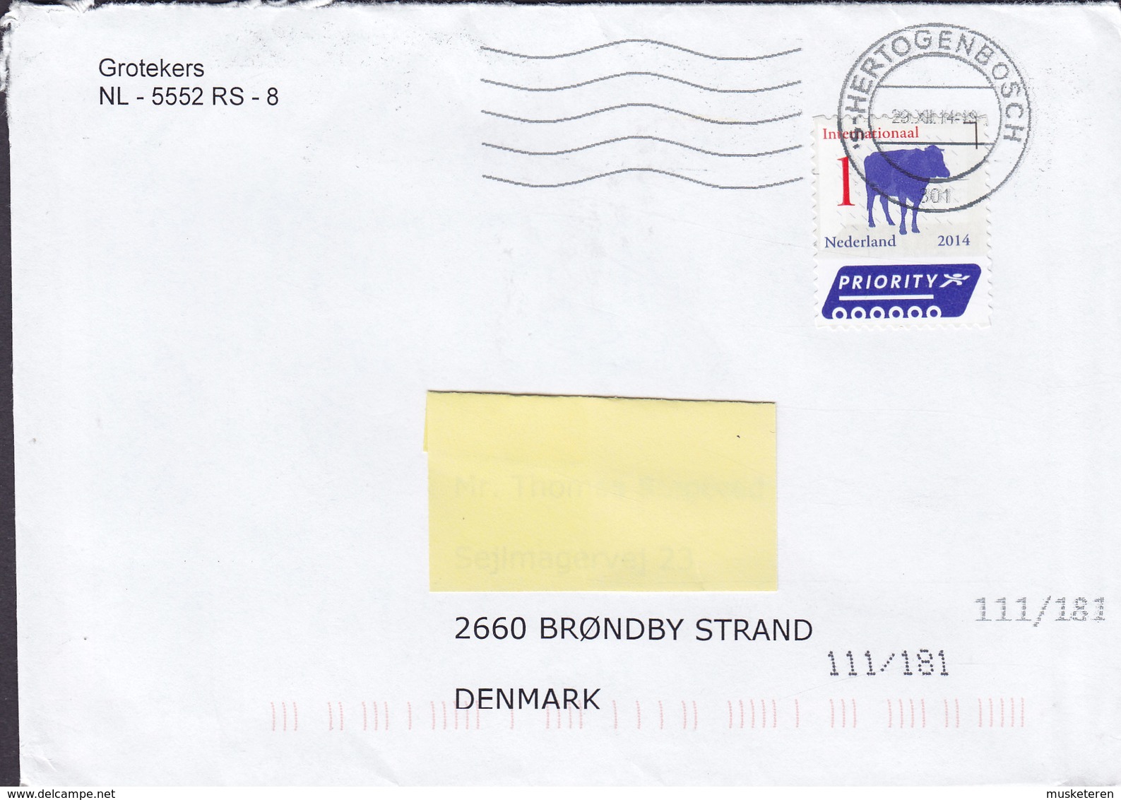 Netherlands PRIORITY Label 's-HERTOGENBOSCH 2014 Cover Brief BRØNDBY STRAND Denmark Cow Kuh Cattle Stamp - Lettres & Documents