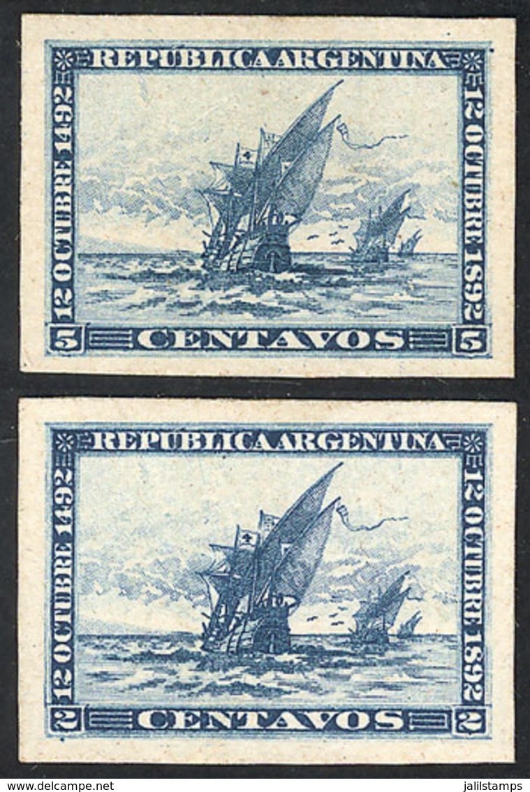 ARGENTINA: GJ.135/136, 1892 Discovery Of America 400 Years, PROOFS In Blue Printed On Card With White Front, VF Quality! - Sonstige & Ohne Zuordnung