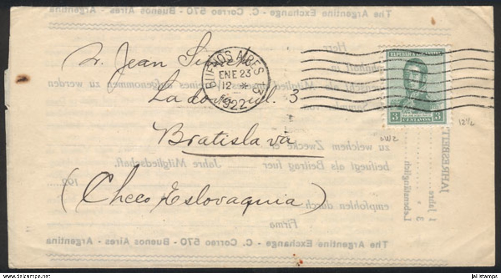 ARGENTINA: GJ.460, 3c. San Martín Without Watermark Franking ALONE A Printed Matter Sent To Czechoslovakia On 23/JA/1922 - Sonstige & Ohne Zuordnung