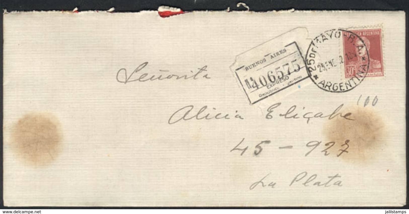 ARGENTINA: Registered Cover Franked With 30c. San Martín W/o Period ALONE, Sent From 25 De Mayo To La Plata On 25/JA/193 - Autres & Non Classés