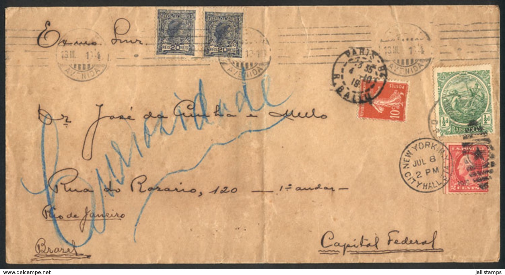 BRAZIL: Interesting Cover Originally Posted In Rio De Janeiro On 13/MAR/1919, With Postage And Postmarks Of: Barbados, U - Other & Unclassified