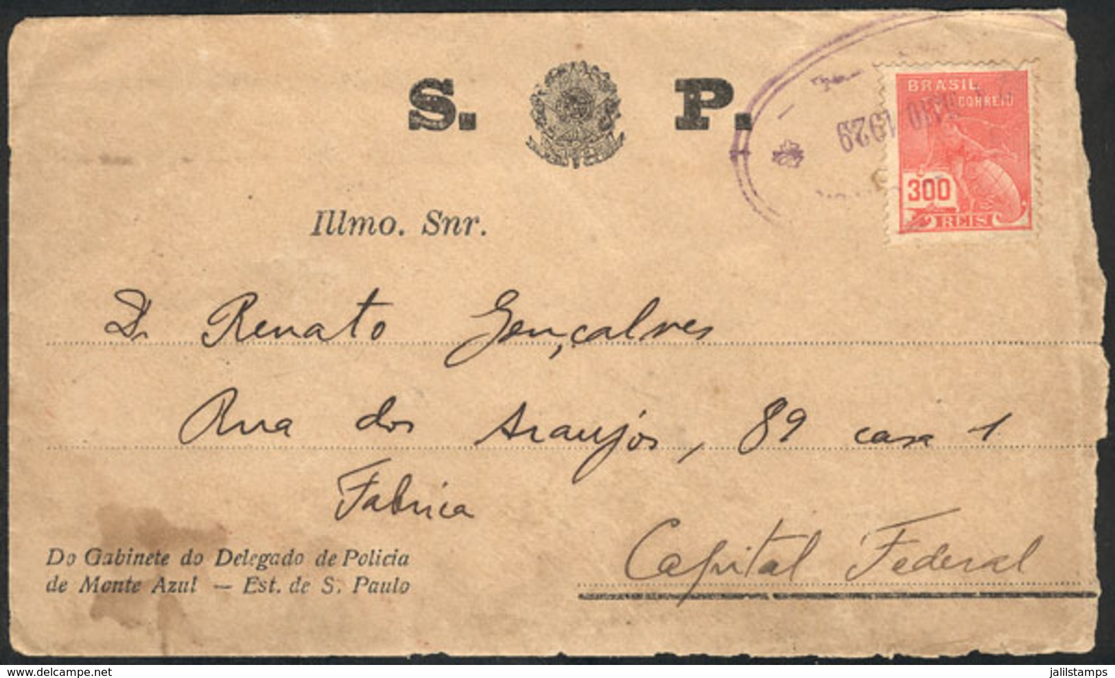 BRAZIL: Official Cover Sent By The Police Delegate Of MONTE AZUL (Sao Paulo) To A Friend In Rio On 24/MAY/1929, Franked  - Other & Unclassified