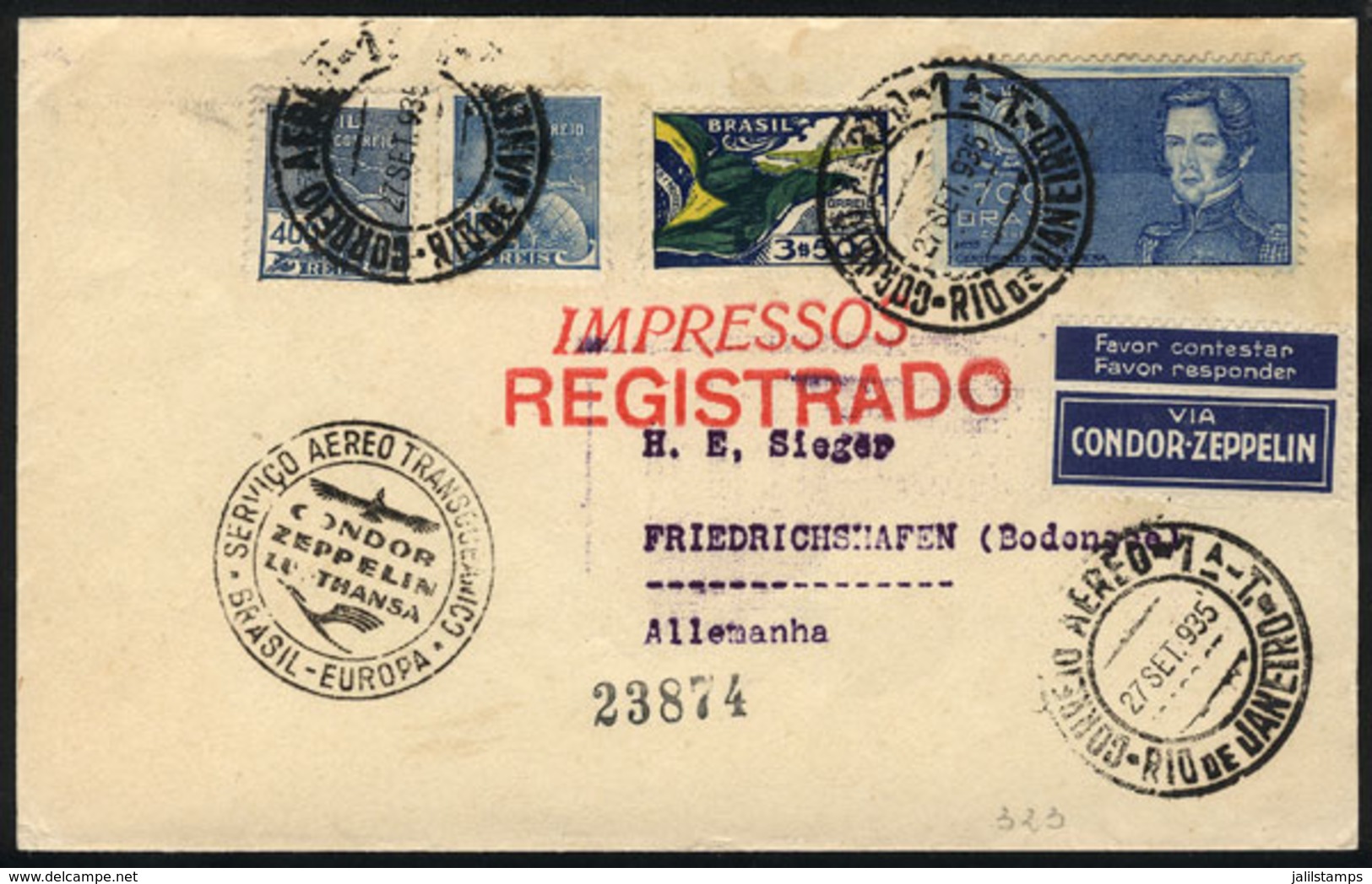 BRAZIL: Cover Flown By ZEPPELIN, Sent From Rio De Janeiro To Germany On 27/SE/1935, VF Quality! - Autres & Non Classés