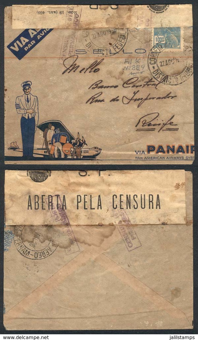 BRAZIL: Airmail Cover Sent From Rio To Recife On 22/AU/1936 With Interesting CENSOR Label! - Autres & Non Classés