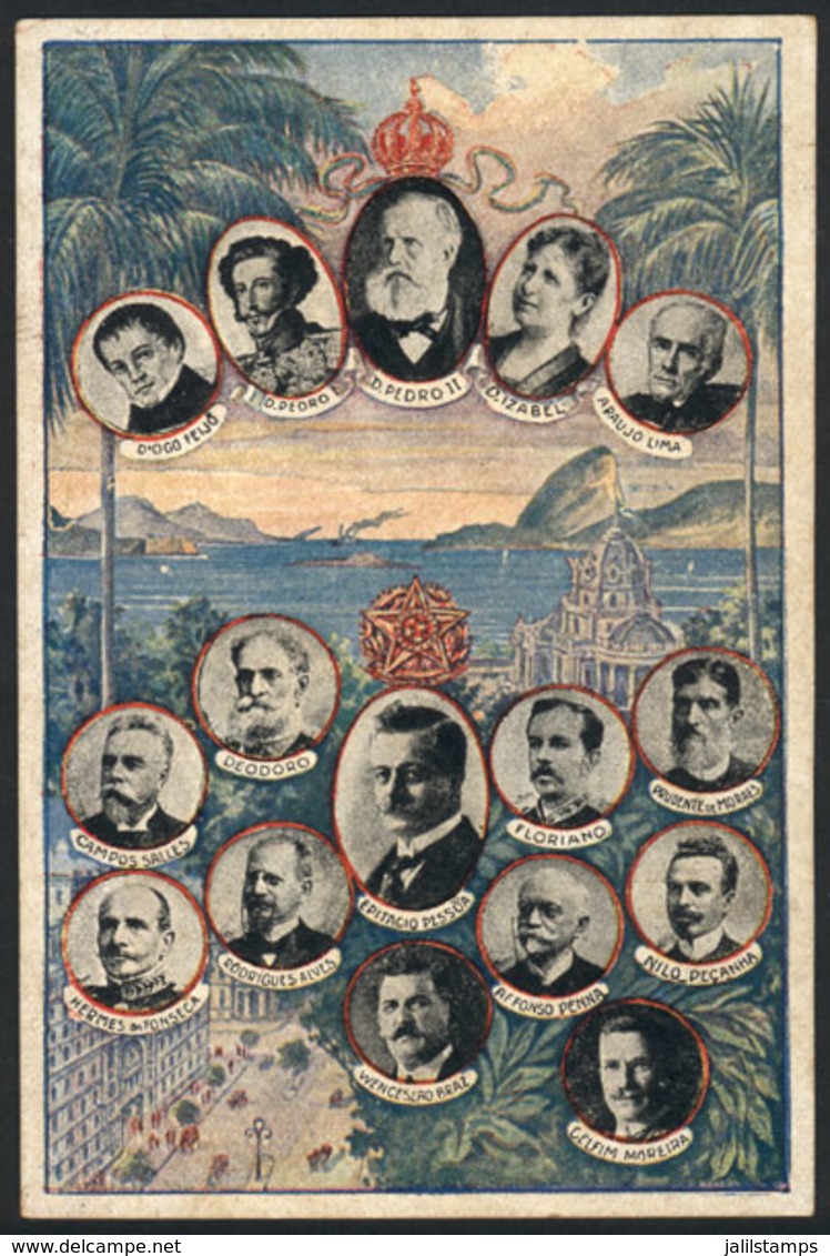 BRAZIL: Emperor Pedro II, President Epitácio Pessoa, And Other Politicians, Nice Illustrated PC Circa 1920, VF! - Autres & Non Classés