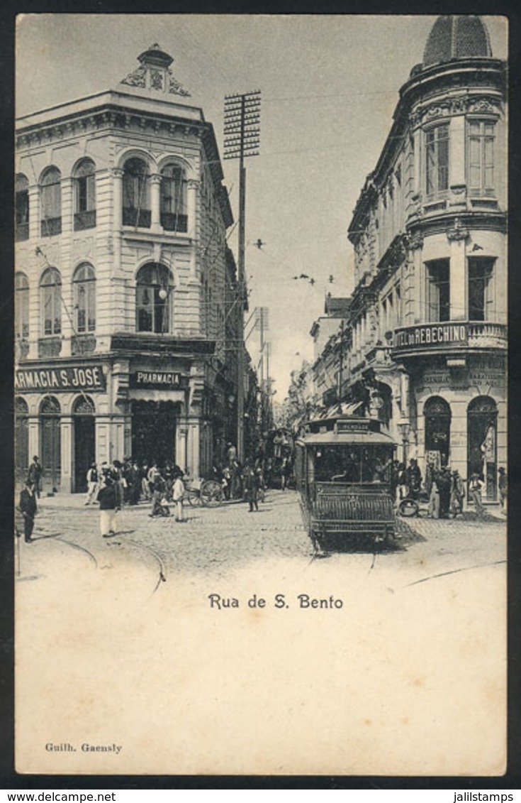 BRAZIL: SAO PAULO: Tramway On S.Bento Street, Drugstore, Ed.Gaensly, Circa 1900, VF - Autres & Non Classés