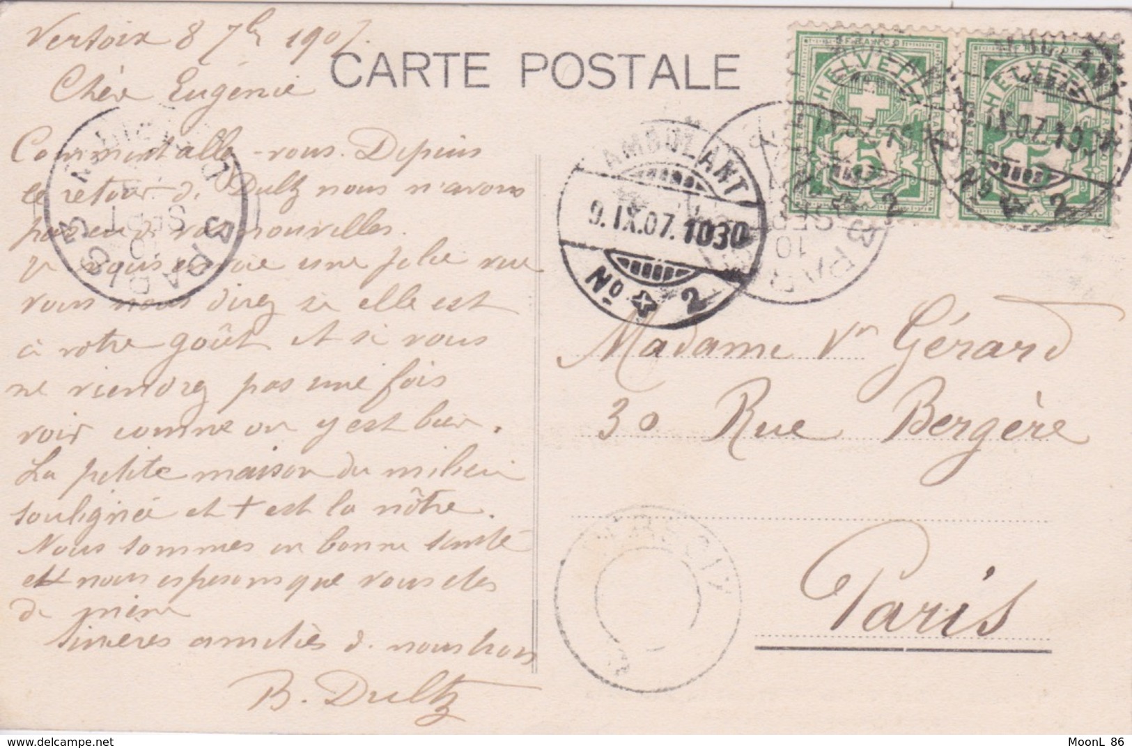 SUISSE _ VERSOIX  LES COLOMBIERES ET LA FAUCILLE _ CACHET POSTAL AMBULANT N°2 1907 - Versoix