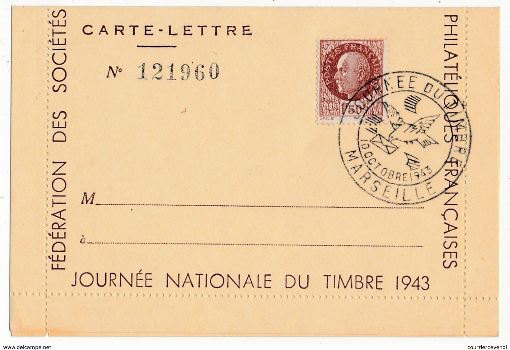 FRANCE - Carte-lettre Illustrée - Journée Du Timbre 1943 MARSEILLE - Dessin DRAIM - Affr 1,50 Bersier, Cachet Temporaire - Tag Der Briefmarke