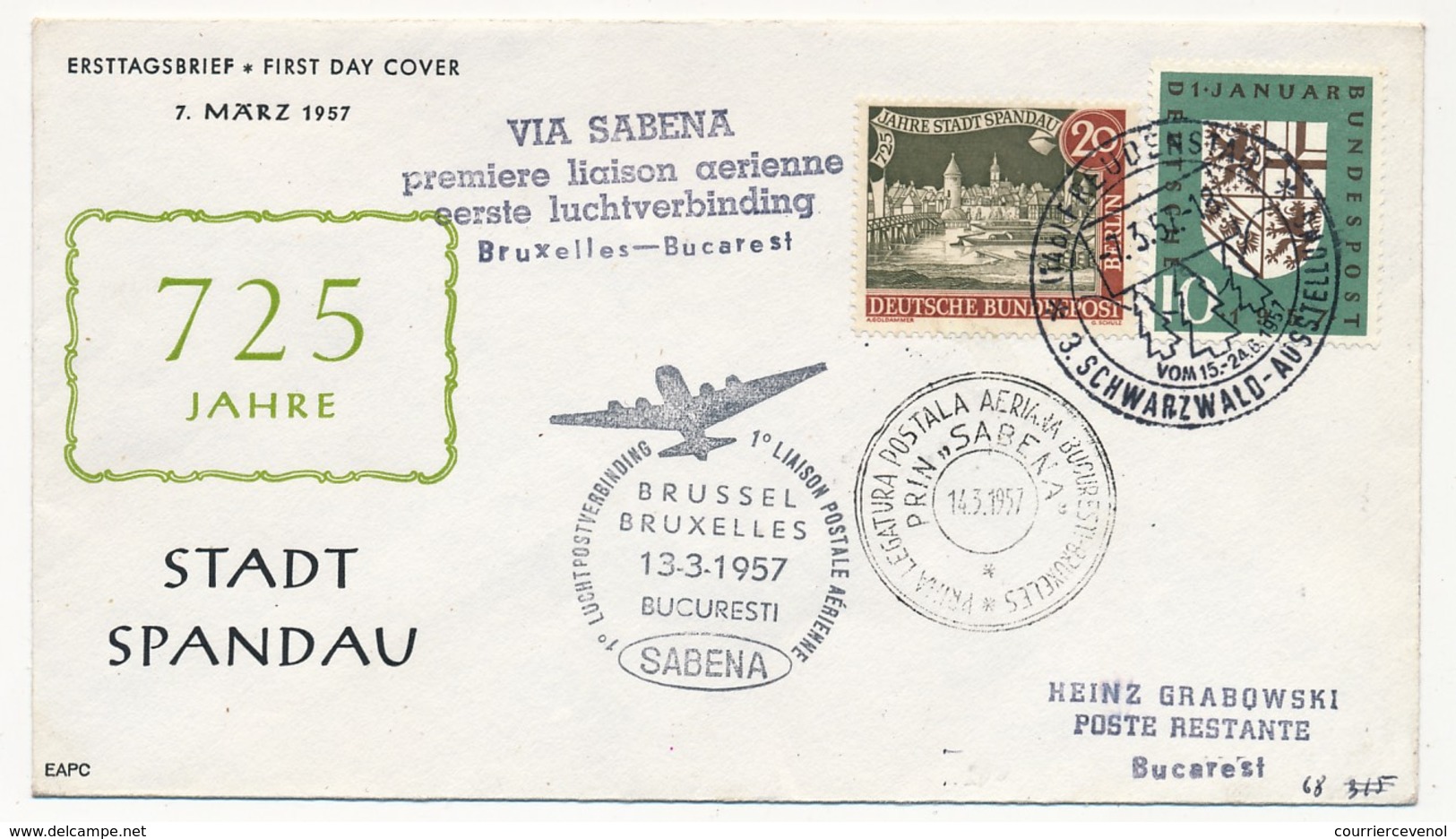 ALLEMAGNE BERLIN - Premier Vol BRUXELLES BUCAREST Par SABENA - 13 Mars 1957 - Covers & Documents