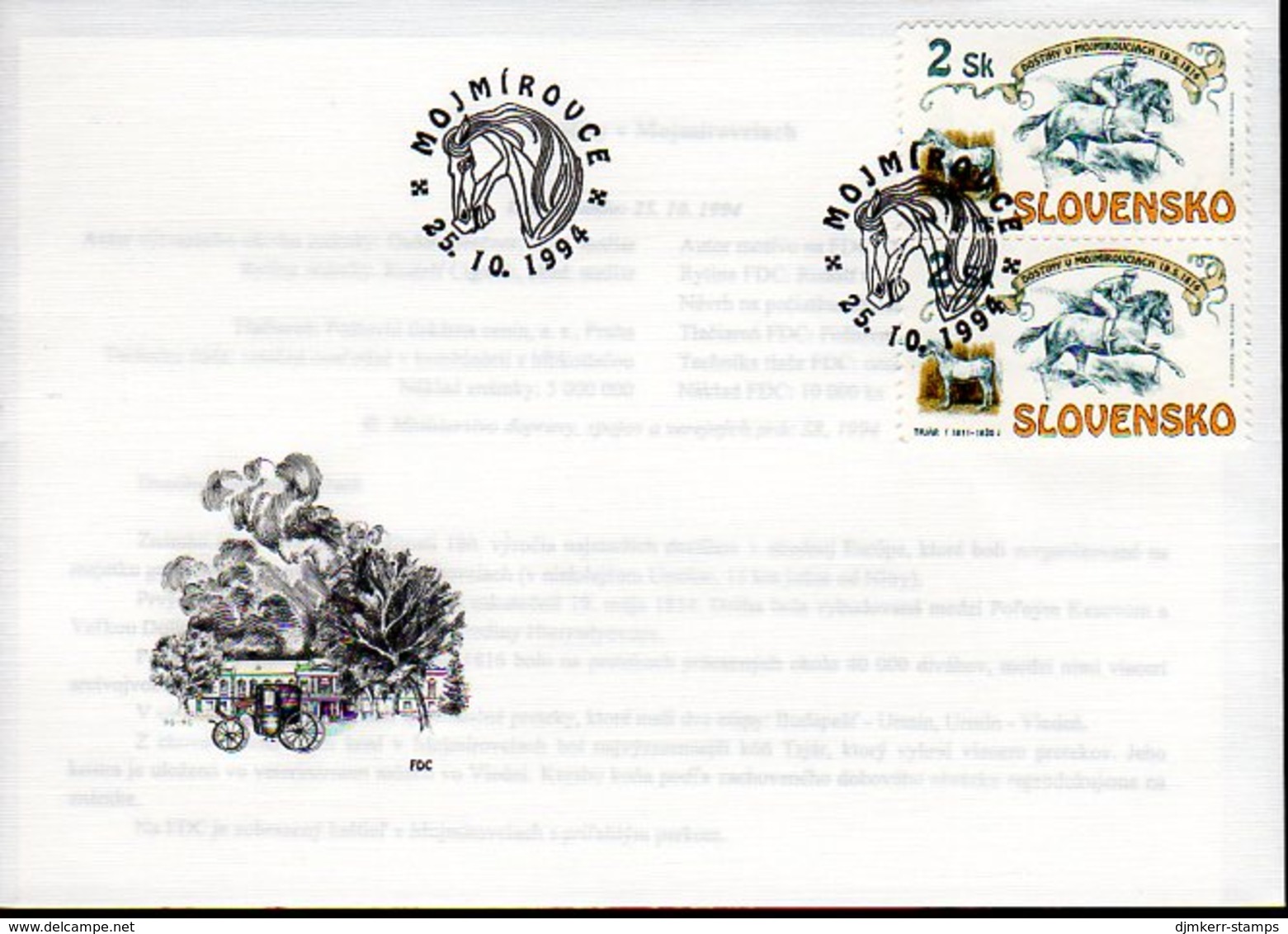 SLOVAKIA 1994 Horse Racing Anniversary On FDC.  Michel 204 - FDC