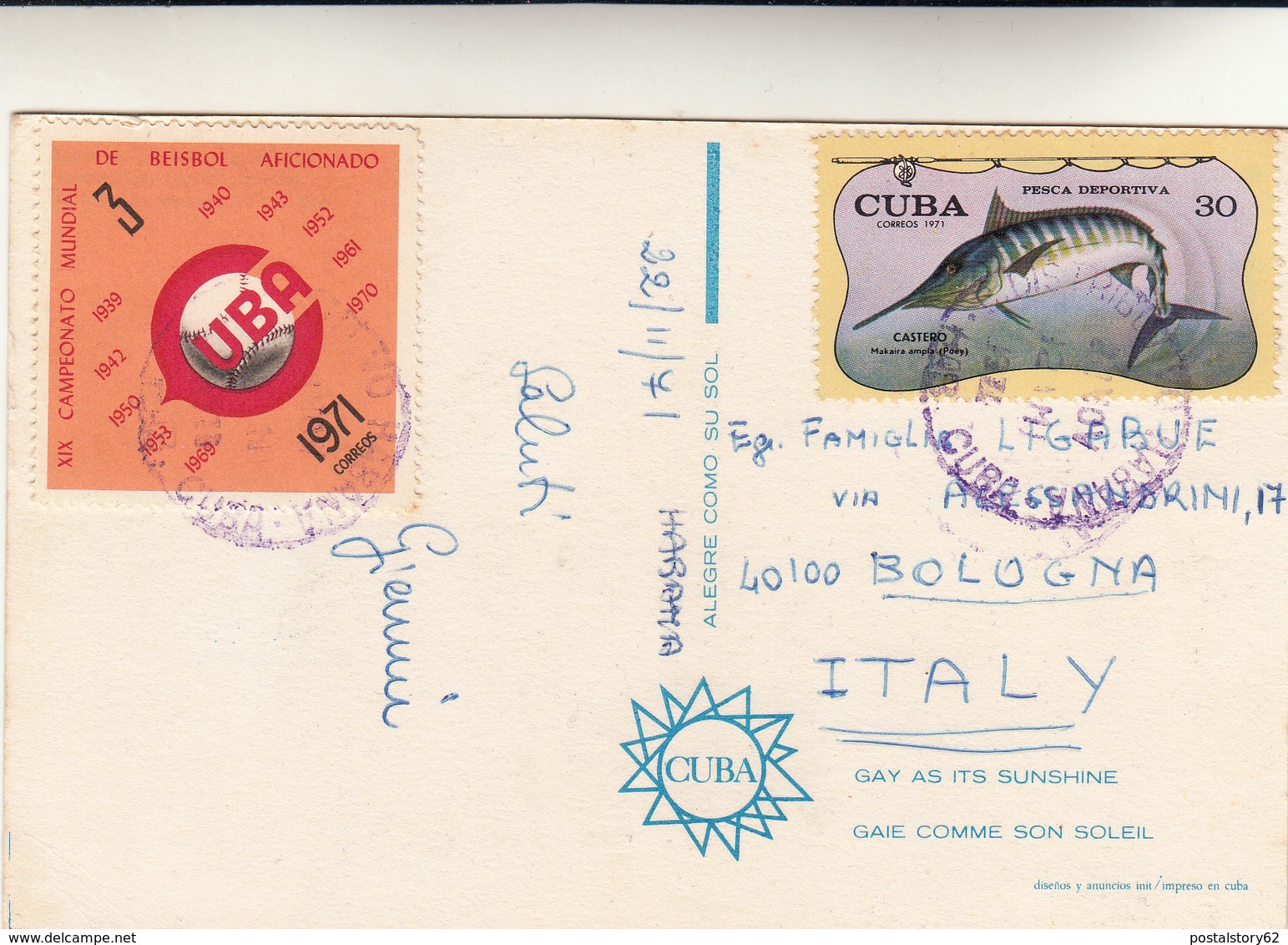 Habama, Cuba.  Per Bologna.Cartolina Viaggiata 1971 - Brieven En Documenten