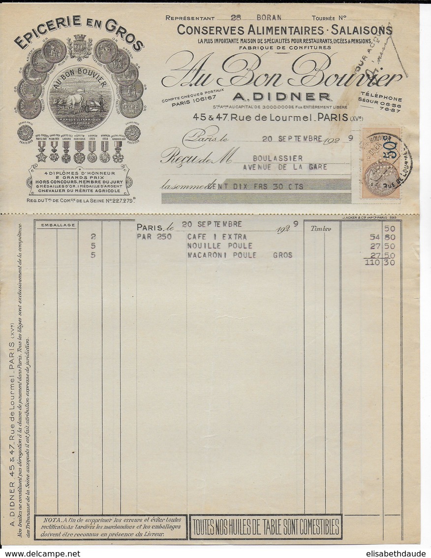 1929 - FISCAL PERFORE / PERFIN "AD" ! Sur RECU COMMERCIAL ILLUSTRE EPICERIE DIDNER à PARIS - Covers & Documents