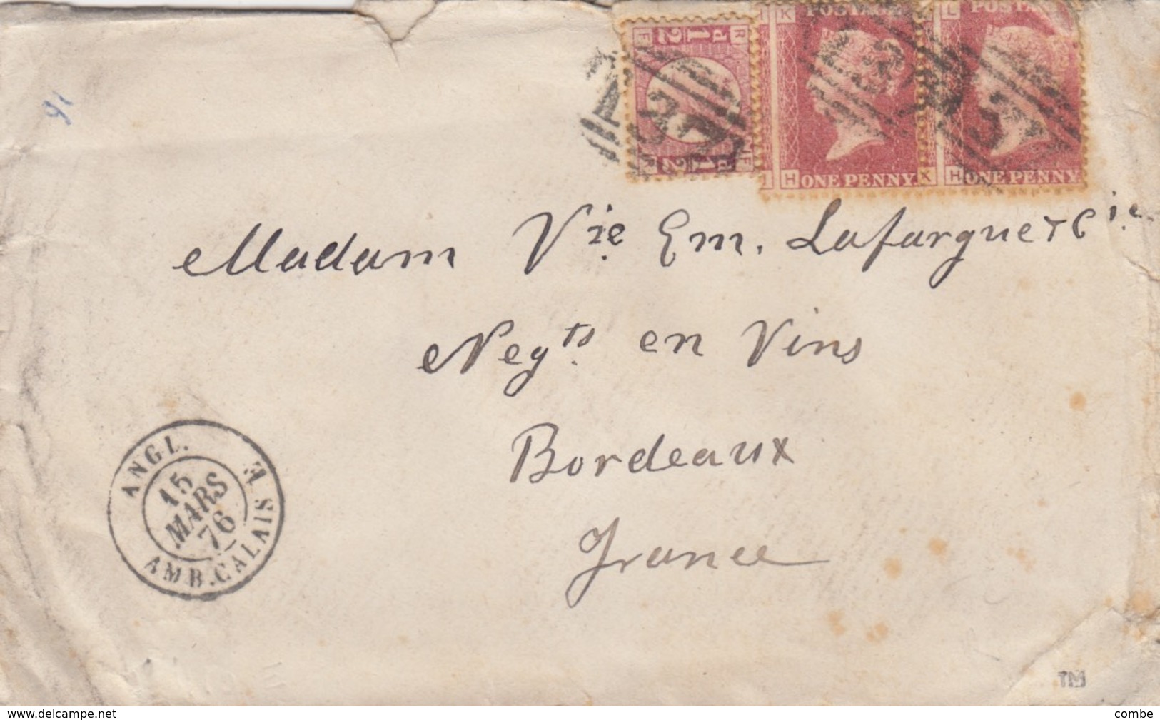 GB. COVER . 14 MAR 76. PAIR ONE PENNY KH-LH. IMPORTANT GAP. TO BORDEAUX. ENTREE ANGL. AMB.CALAIS E. SIGN. TM  /  2 - Brieven En Documenten