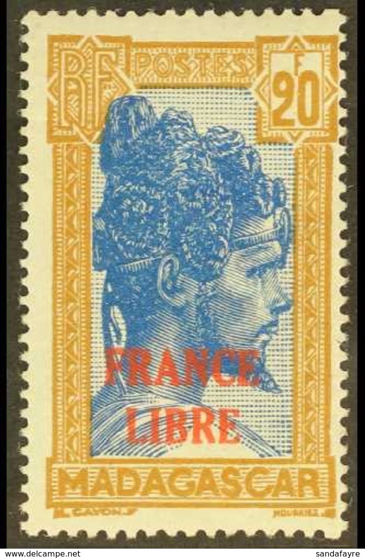 MADAGASCAR  1942. 20f Ultramarine & Yellow Brown "France Libre" Overprinted, Yv 255A, SG 243, Very Fine Mint With Lighte - Autres & Non Classés