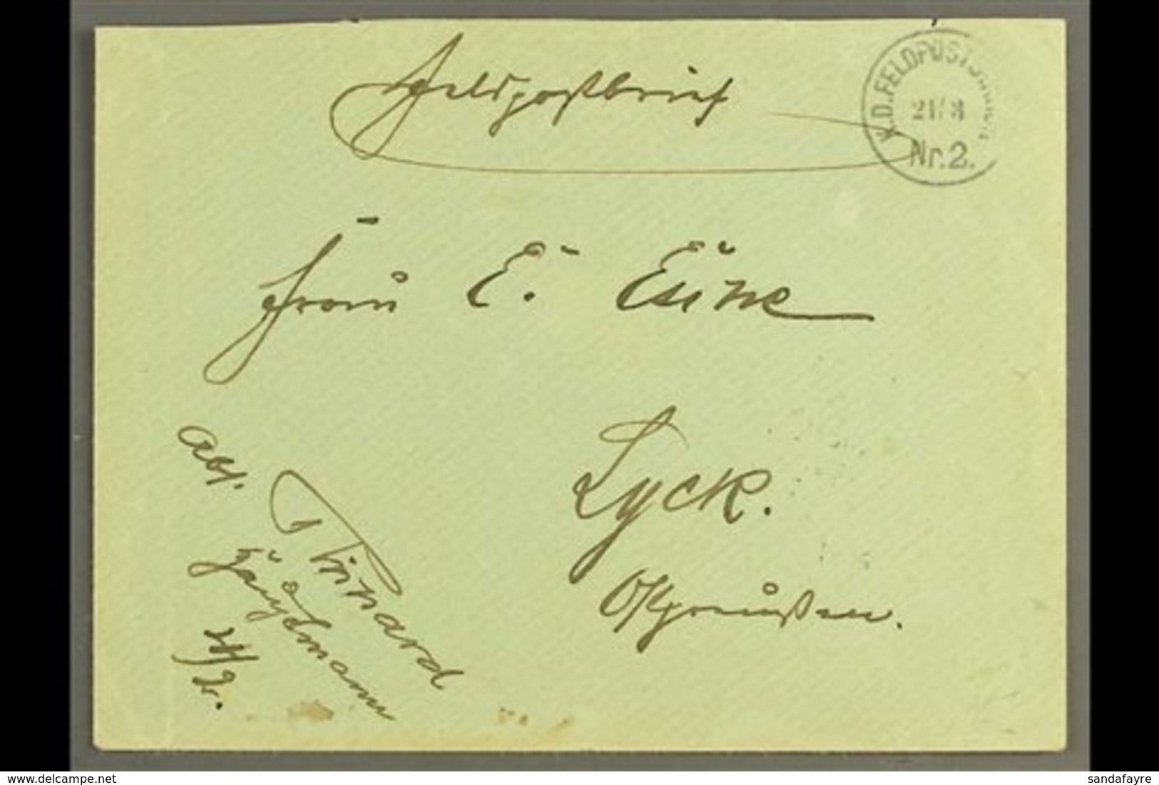 SOUTH WEST AFRICA  1905 (21 Mar) Stampless Feldpost Cover To Germany Showing Fine "K.D. FELDPOSTSTATION / Nr. 2" At Top  - Autres & Non Classés