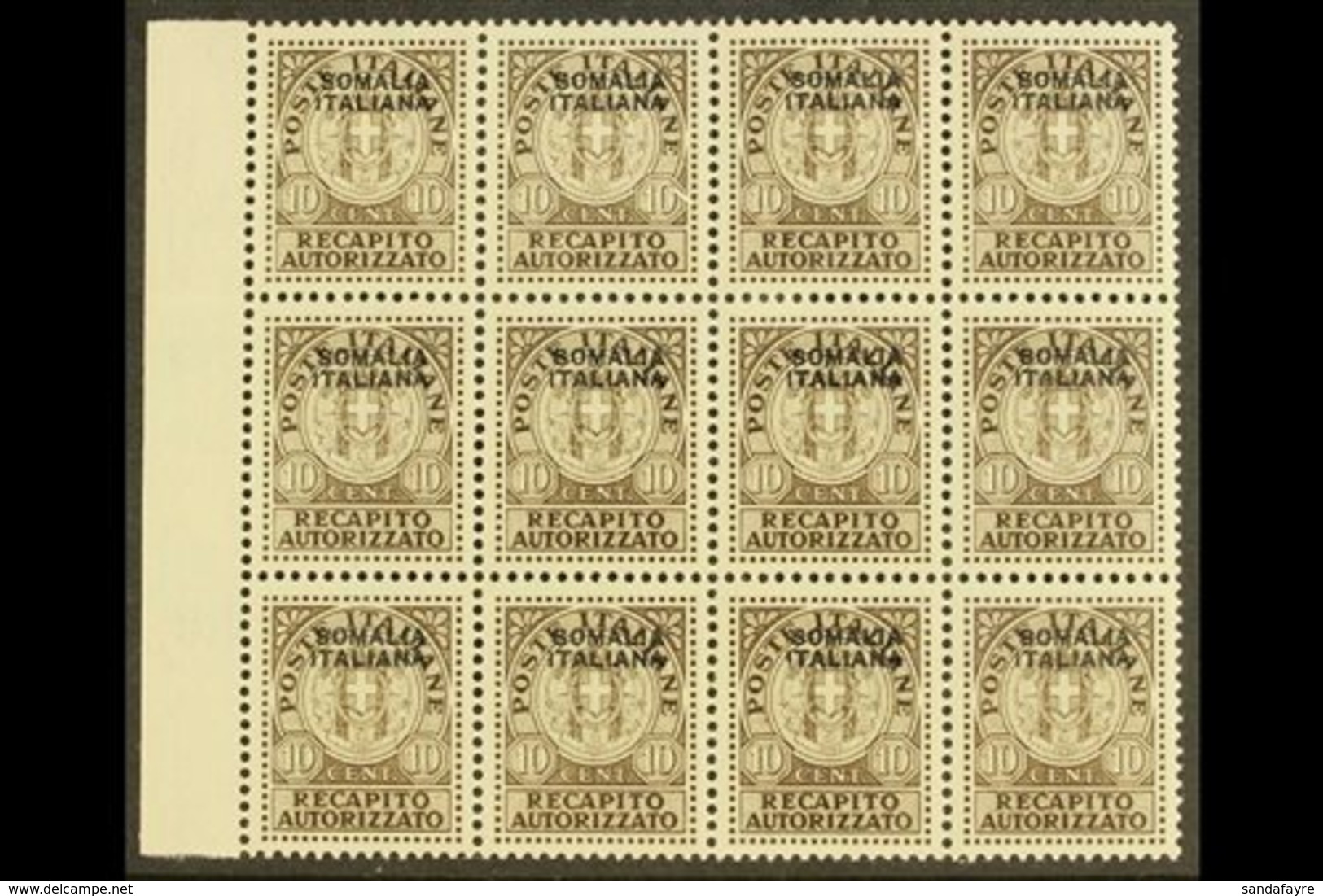 SOMALIA  1939 10c Brown Recapito Autorizzato, Sass 1, Superb NEVER HINGED MINT Marginal Block Of 12. Each Signed Stamp D - Andere & Zonder Classificatie