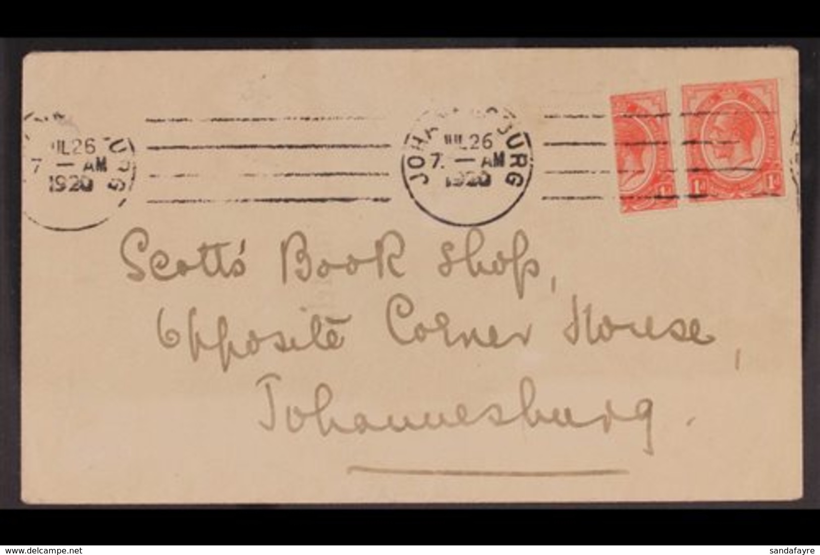 1920 1D BISECT ON COVER.  1920 (26 Jly) Env Sent Within Johannesburg Franked With KGV 1d + 1d BISECT Both Tied Jo'burg M - Non Classés