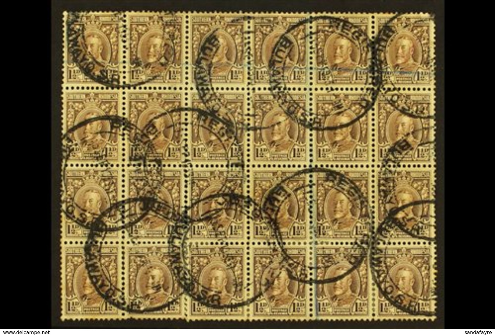 1931-7  1½d Chocolate, Perf.11½, Block Of 24, SG 16d, Genuinely Used With 1933 "REGISTRATION / BULAWAYO S.R." Cancels An - Rhodésie Du Sud (...-1964)