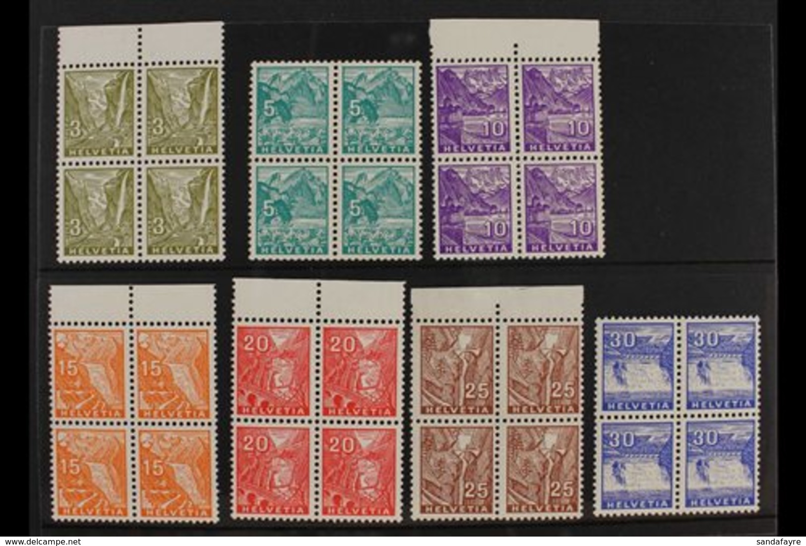 1934  Landscapes Definitive Complete Set, Mi 270/76, SG 350/56, BLOCKS OF 4, Never Hinged Mint (7 Blocks = 28 Stamps) Fo - Autres & Non Classés