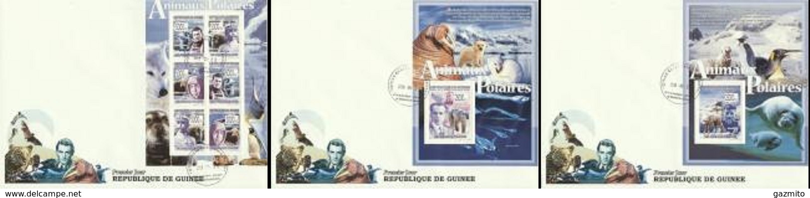Guinea 2008, Polar Year, Explorers, Penguins, Wolf, Seal, 3FDC - Année Polaire Internationale
