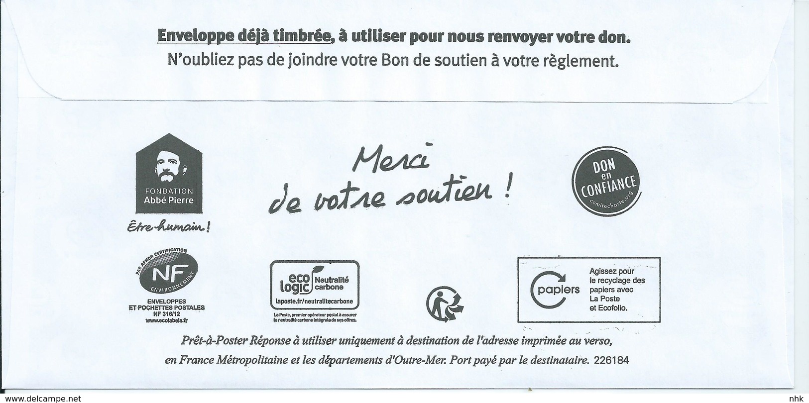 Entiers Postaux : Enveloppe Réponse Type Yzeult Catelin L'engagée Fondation Abbé Pierre 226184 ** - PAP: Antwort/Marianne L'Engagée