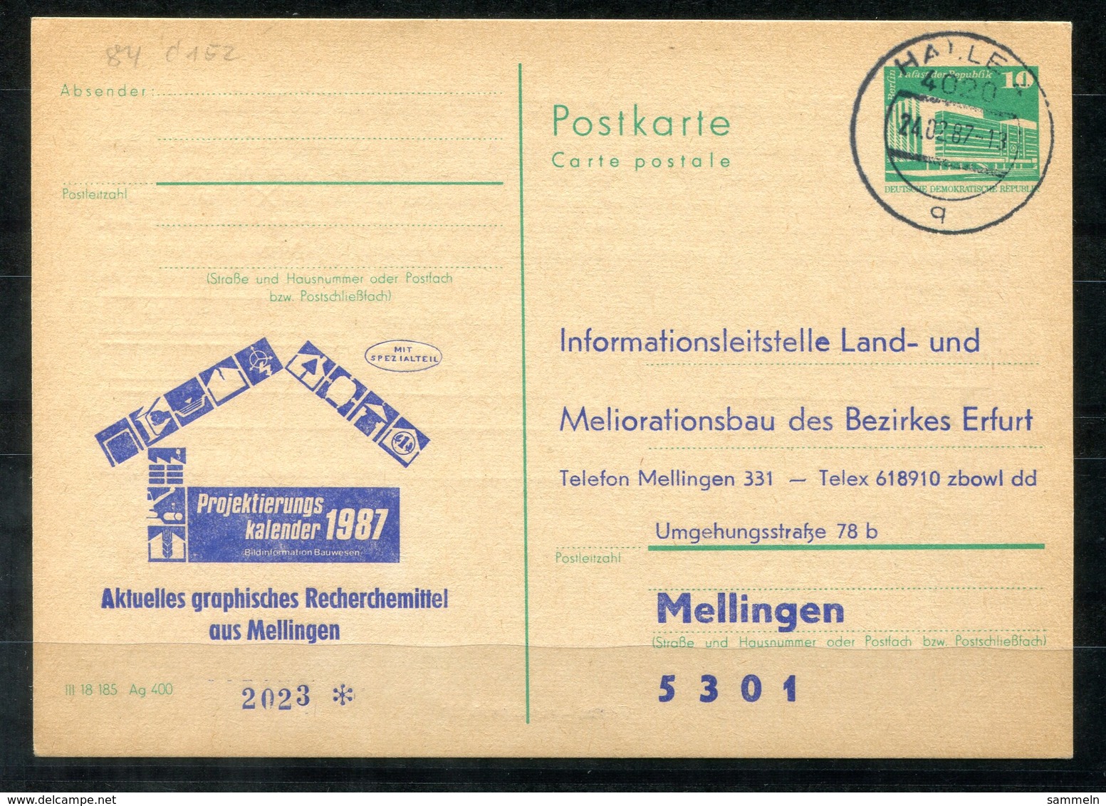 5466 - DDR - Ganzsache P84 Mit Priv. Zudruck - Tagesstempel Halle/Saale (Mellingen - Grafik) - Privatpostkarten - Gebraucht