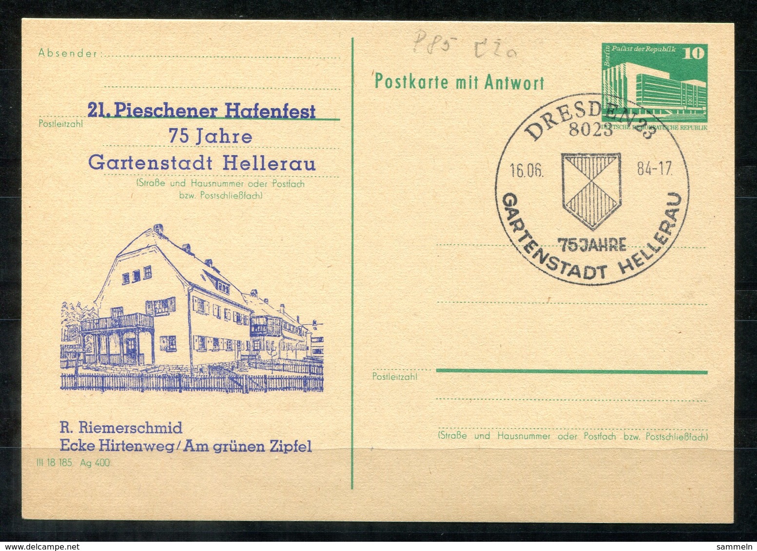 5468 - DDR - Ganzsache P85F Mit Priv. Zudruck - SoSt. Dresden (Hellerau-Pieschen-Hafenfest) - Privatpostkarten - Gebraucht