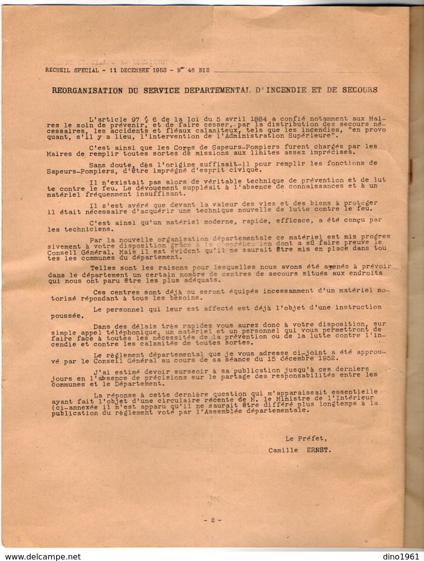 VP16.283 - MELUN 1953 - Recueil - Réorganisation Du Service Départemental D'Incendie Et De Secours (Sapeurs - Pompiers) - Firemen