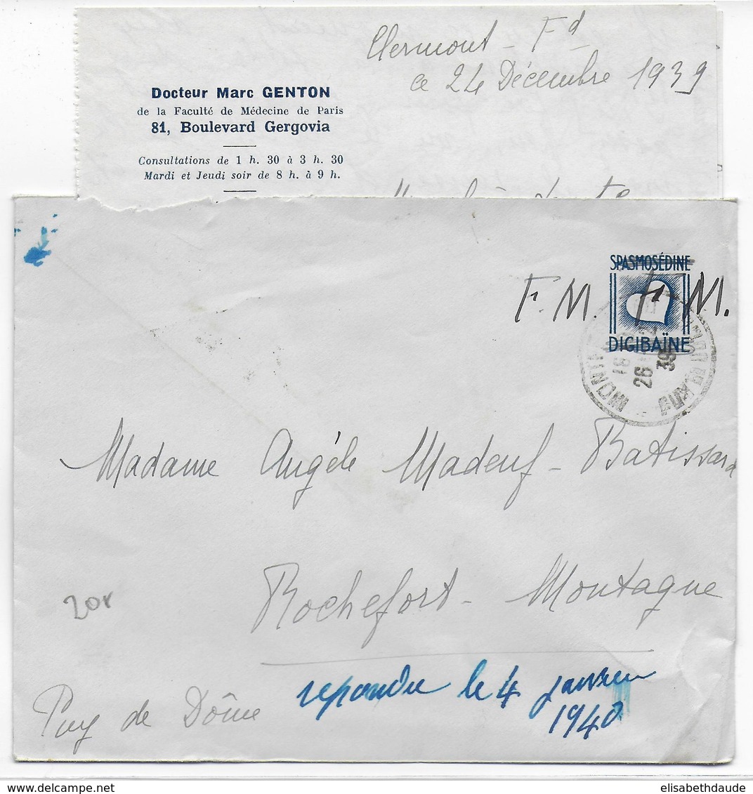 1939 - ENVELOPPE PSEUDO-ENTIER PUBLICITAIRE MEDICALE ! + LETTRE - UTILISATION FM De CLERMONT Fd => ROCHEFORT-MONTAGNE - Private Stationery