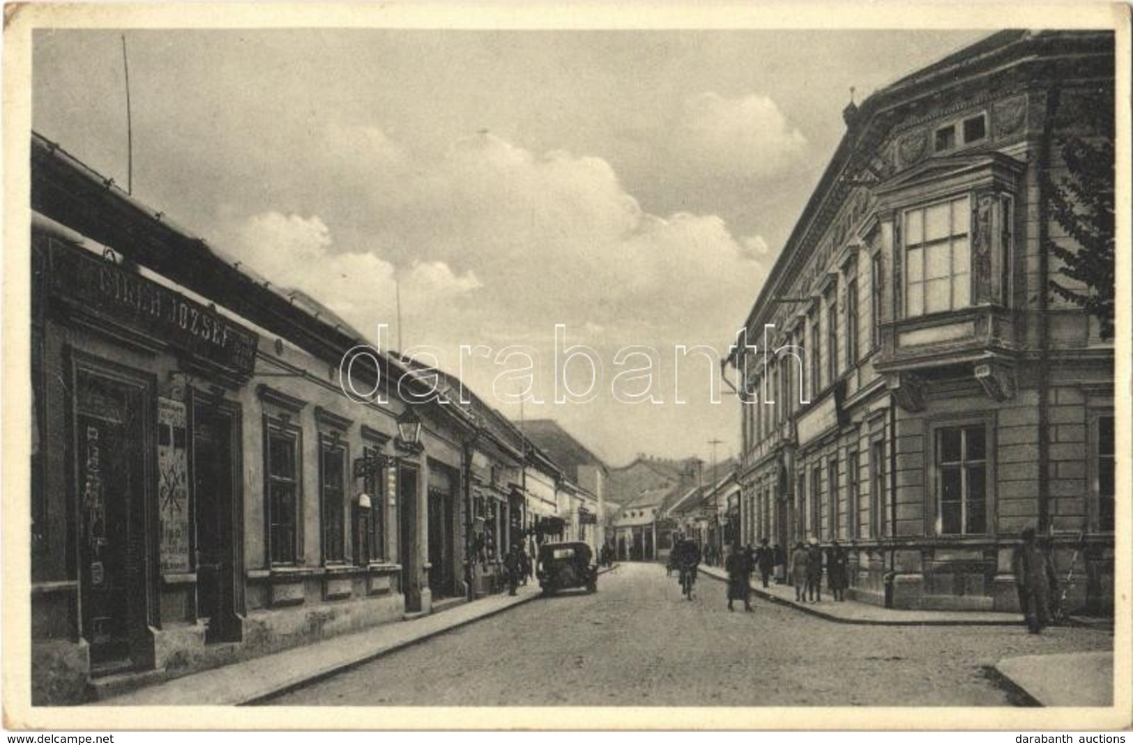 T2/T3 1939 Komárom, Komárno; Jókai Utca, üzletek, Automobil, Kerékpár / Street View, Shops, Automobile, Bicycle (EK) - Unclassified