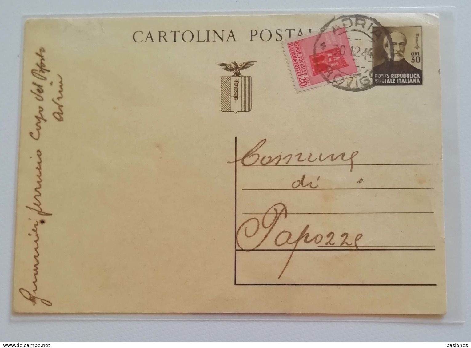 Cartolina Postale Adria-Papozze, 30/12/1944 (uso Nel Distretto) - Ganzsachen