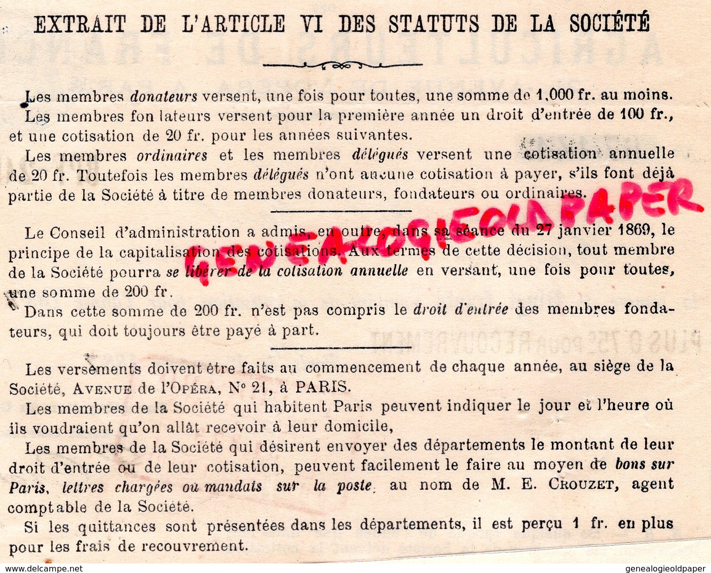 79- CHAMPDENIERS-75- PARIS - AGRICULTURE-RARE RECU SOCIETE AGRICULTEURS DE FRANCE- PAUL JACOB-1887-21 AVENUE OPERA - Agricoltura