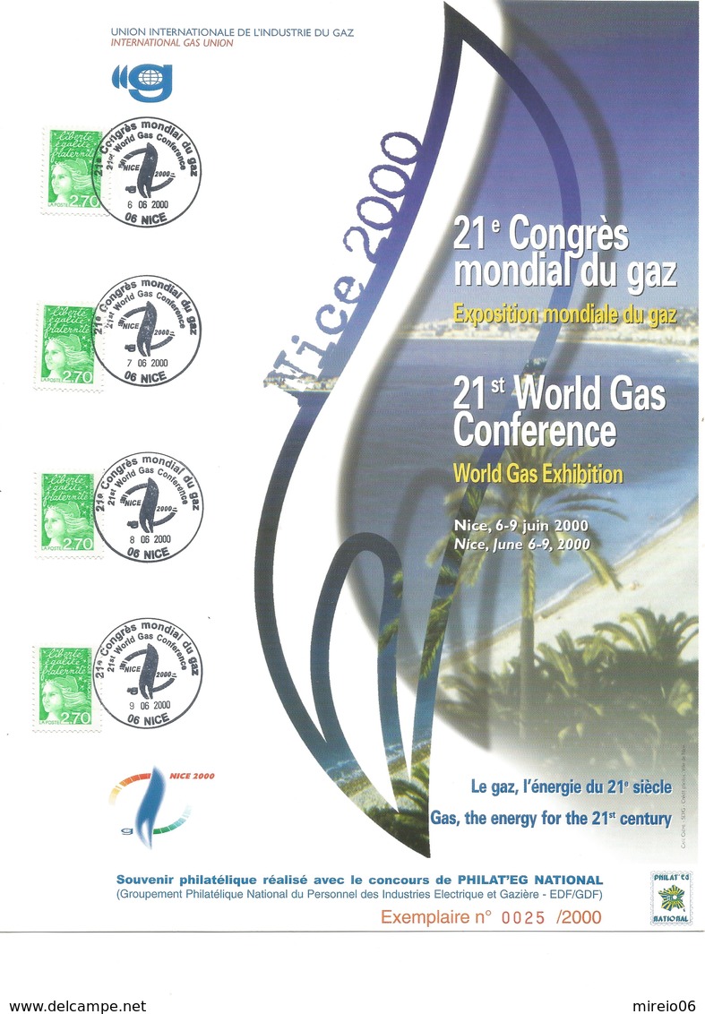 Rare Souvenir Philatélique Nice Congrès Mondial Du Gaz Juin 2000 - Storia Postale