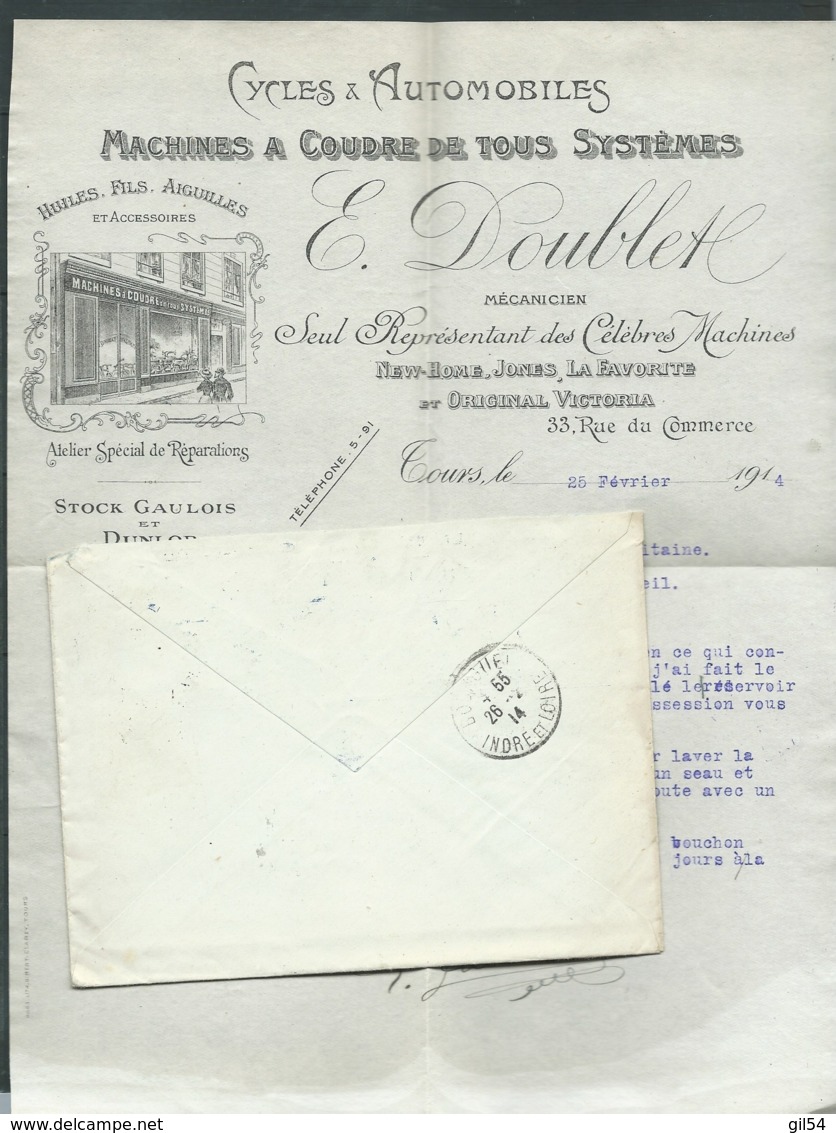 Lettre à Entète Commerciale Theme Automobile, Dans Son Enveloppe E Doublet  Tours 37 En 1914 ( 2 Scans )   - Bpho2803 - Automobile