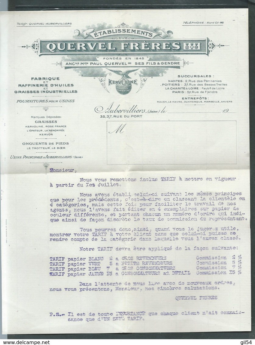 Important Mailing Quervel Frères , Aubervilliers, , Lubrifiants , Tarifs  En 1919   - Bpho2804 - Automobile