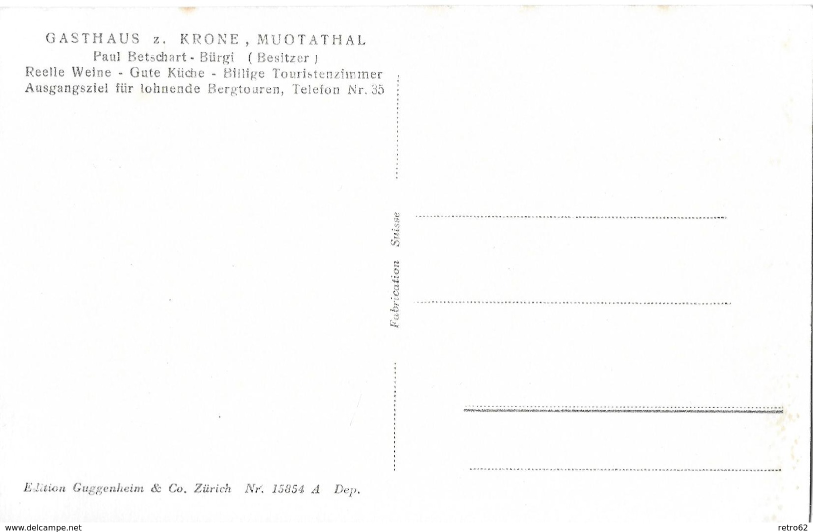 MUOTATHAL → Gasthaus Zur Krone (Bes.Paul Betschart-Bürgi Tel. 35) Zweibild-Fotokarte Ca.1950 - Muotathal