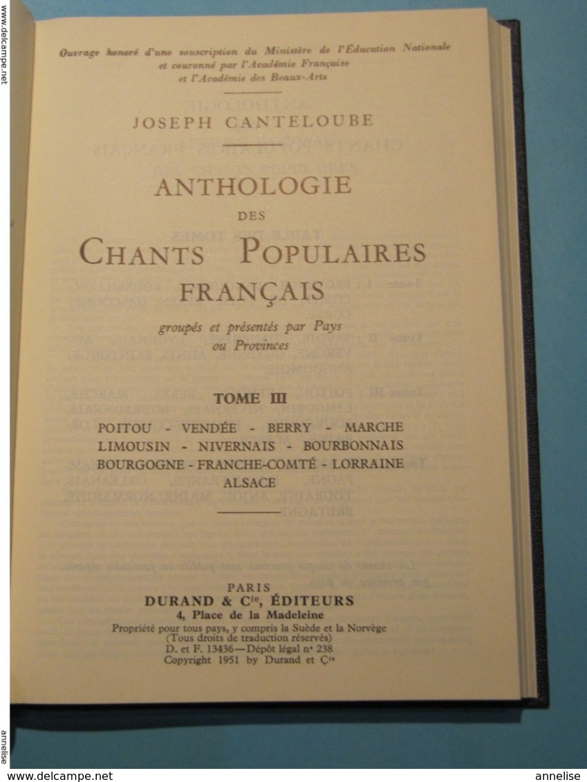 1951 4 Tomes Anthologie des chants populaires français Provinces françaises Etat neuf