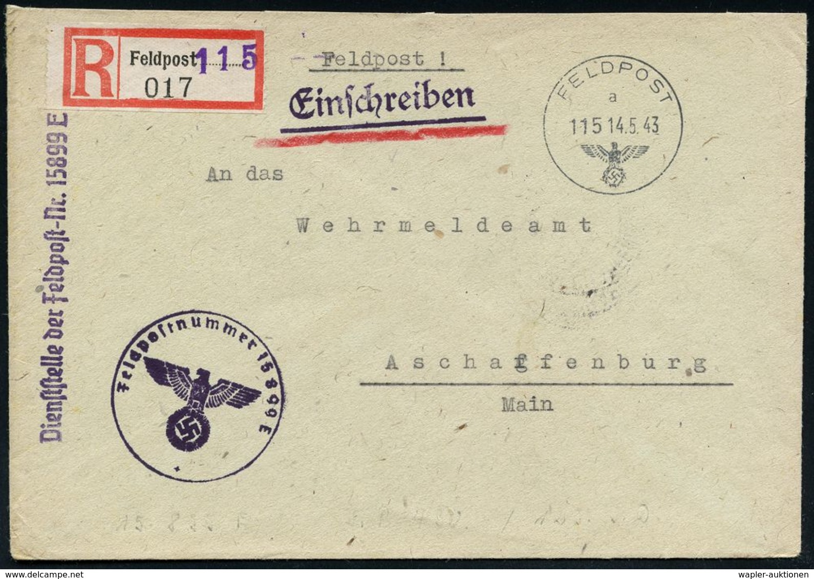 II. WELTKRIEG (1939 - 1945) : DEUTSCHES REICH 1943 (14.5.) 1K: FELDPOST/b/115 + Provis. Fp.-RZ: Feldpost 115 (viol. 1L)  - Guerre Mondiale (Seconde)