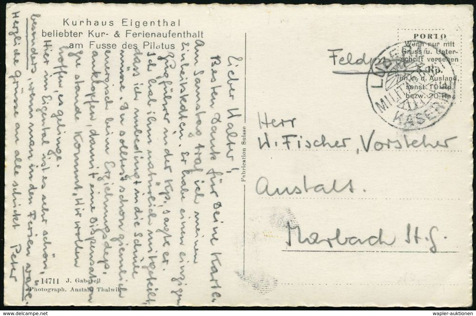 II. WELTKRIEG (1939 - 1945) : SCHWEIZ 1939 (Sept.) 1K-Gitter: LUZERN/KASERNE Klar A. Fp.-Ak. (Kurhaus Eigenthal/Pilatur) - 2. Weltkrieg