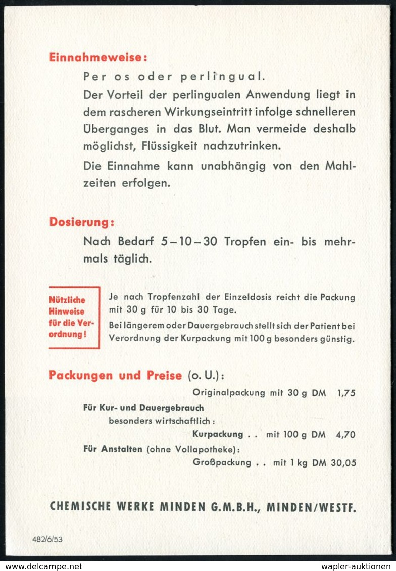 PHARMAZIE / MEDIKAMENTE : (21a) MINDEN (WESTF) 1/ Chemische Werke Minden/ GmbH.. 1953 (26.8.) AFS Auf Color-Reklame-Klap - Pharmacy