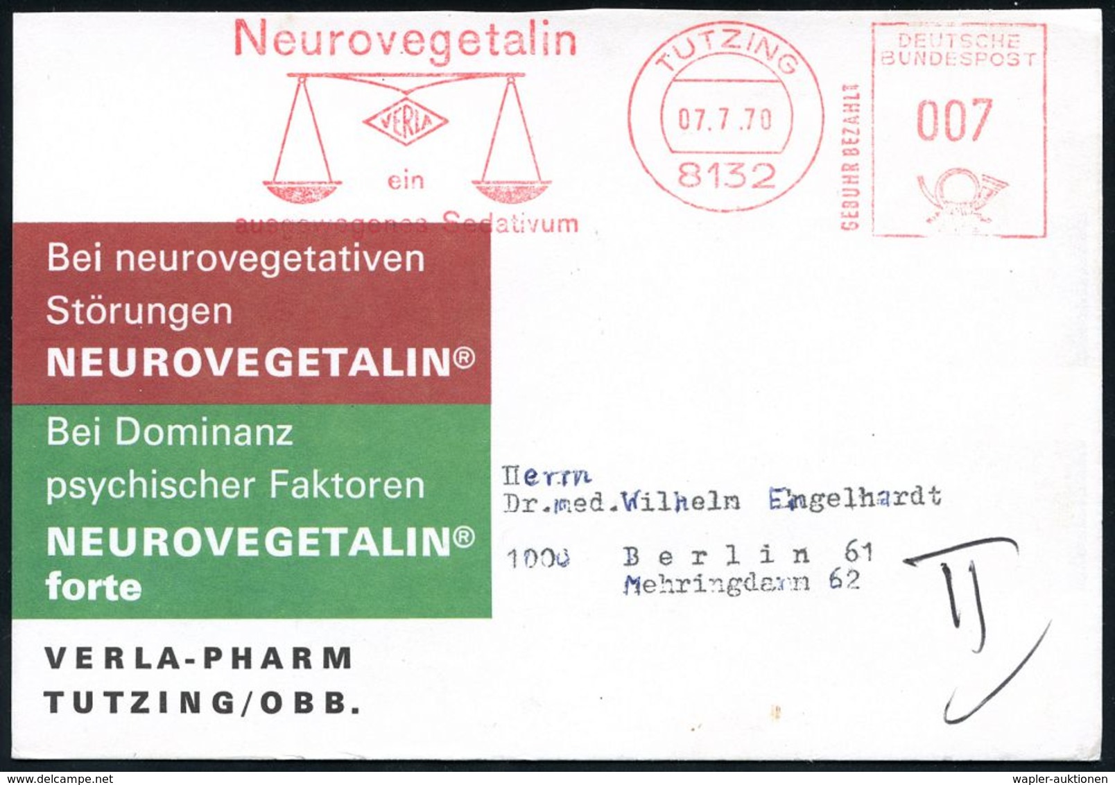 PHARMAZIE / MEDIKAMENTE : 8132 TUTZING/ GEBÜHR BEZAHLT/ Neurovegetalin.. 1979 (7.7.) AFS 007 Pf. = Waage Auf Zweifarbige - Pharmacy