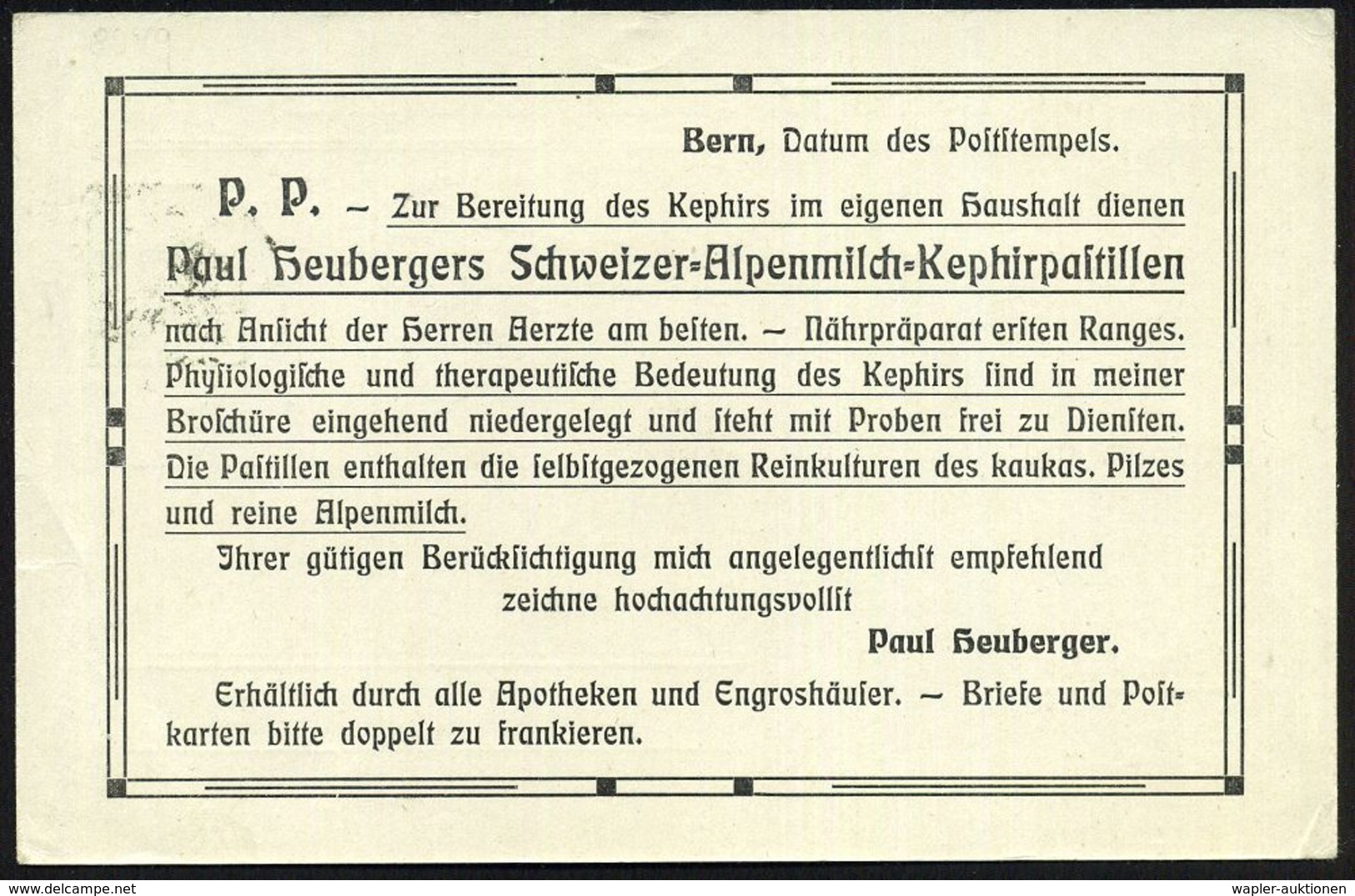 PHARMAZIE / MEDIKAMENTE : SCHWEIZ 1908 (5.10.) PP 5 C. Tellknabe, Grün: Paul Heuberger, Alpenmilch-Kephirpastillen.. Rei - Pharmacy