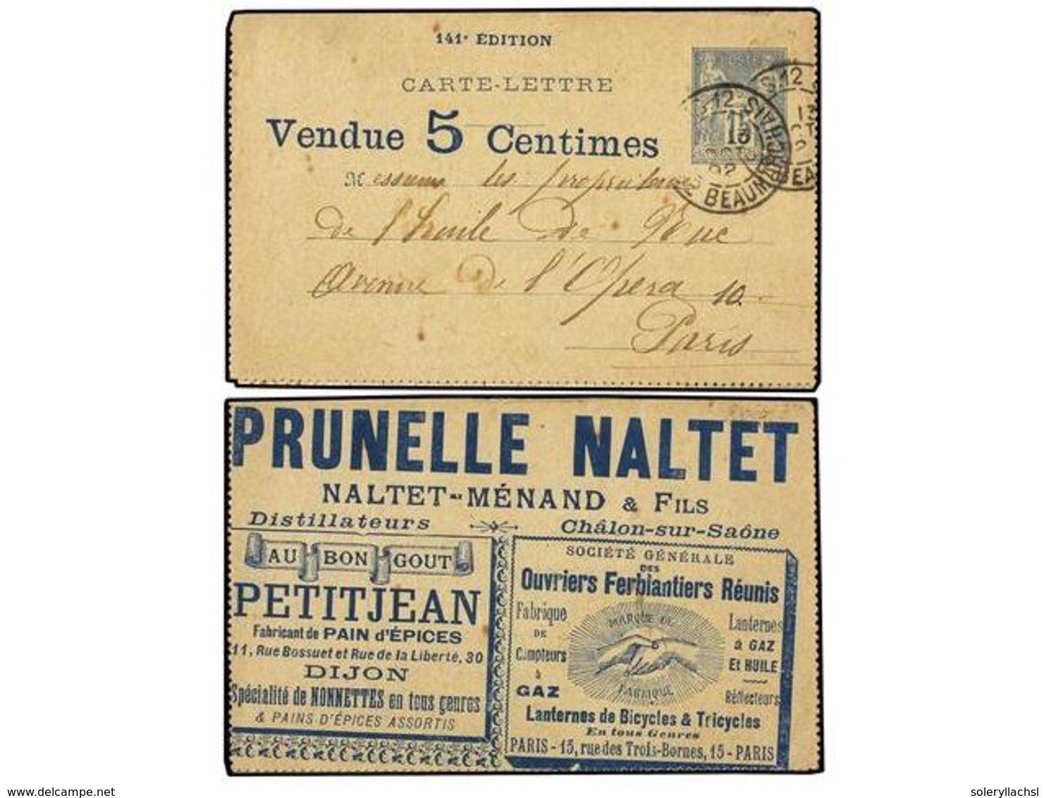 FRANCIA. 1892. PARIS. Entero Postal De 15 Cts. Azul (vendido Por 5 Cts.) Con Publicidad Colectiva En El Interior. - Altri & Non Classificati