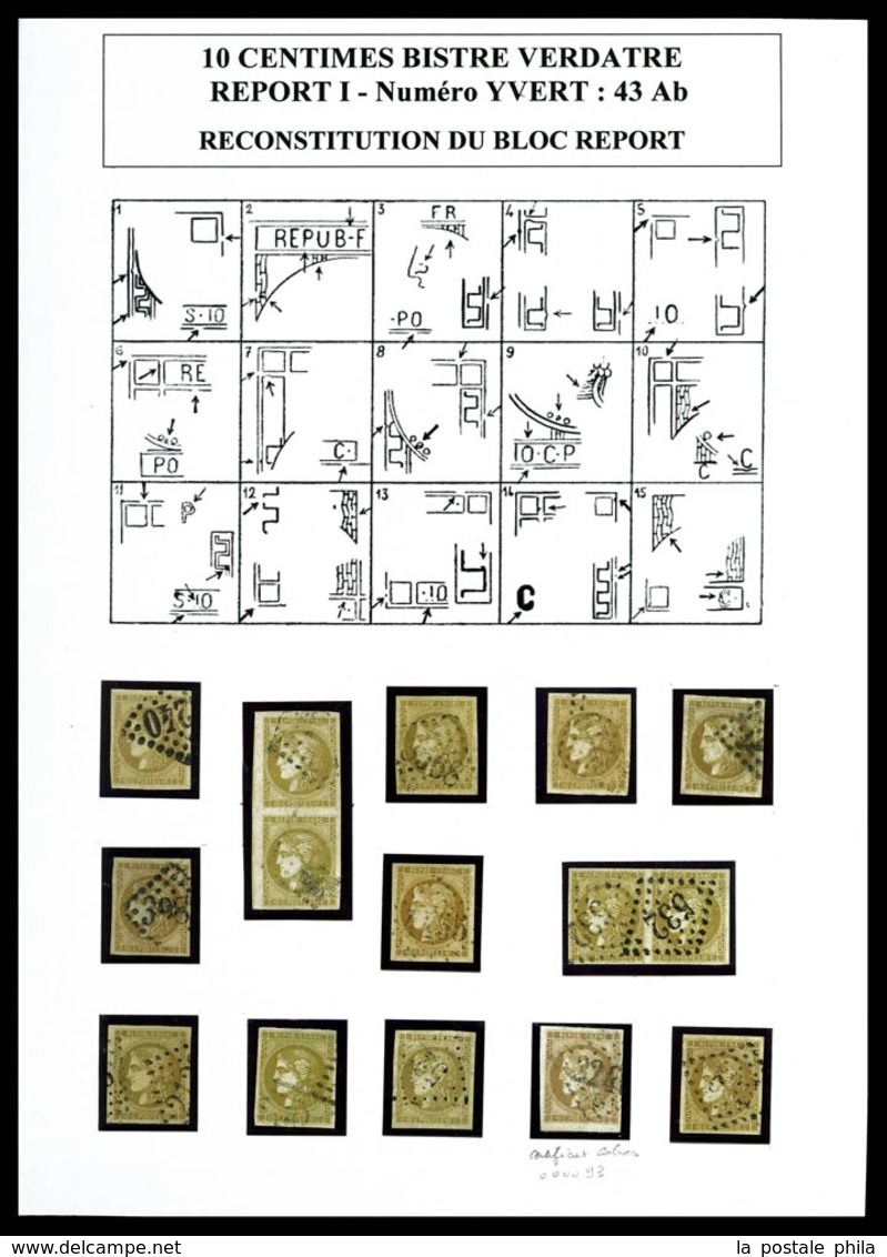 O N°43Ab, 10c BISTRE VERDÂTRE Report I: Exceptionnelle Reconstitution D'un Bloc Report Complet De 15 Exemplaires Compren - 1870 Emission De Bordeaux