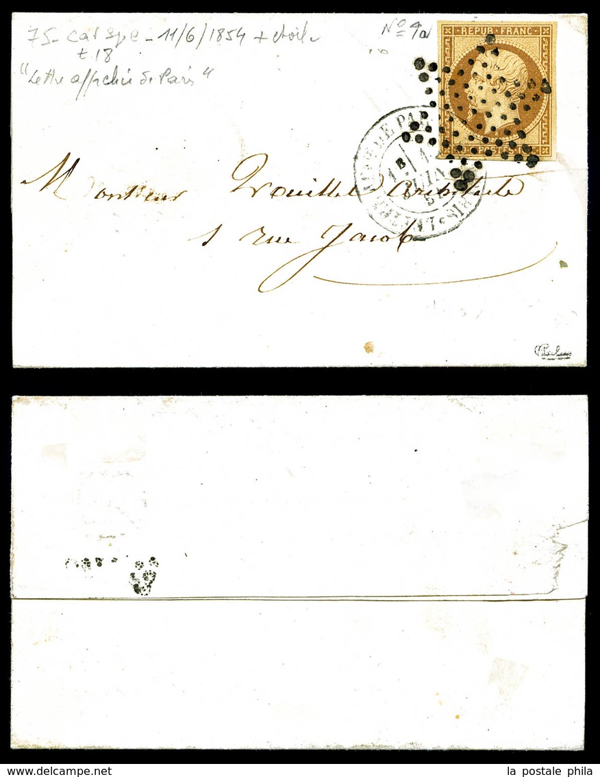 O N°9, 10c Bistre-jaune Sur Petite Lettre Locale De Paris Du 11 Juin 1854, TB (signé Calves/certificat)  Qualité: O  Cot - 1849-1876: Période Classique