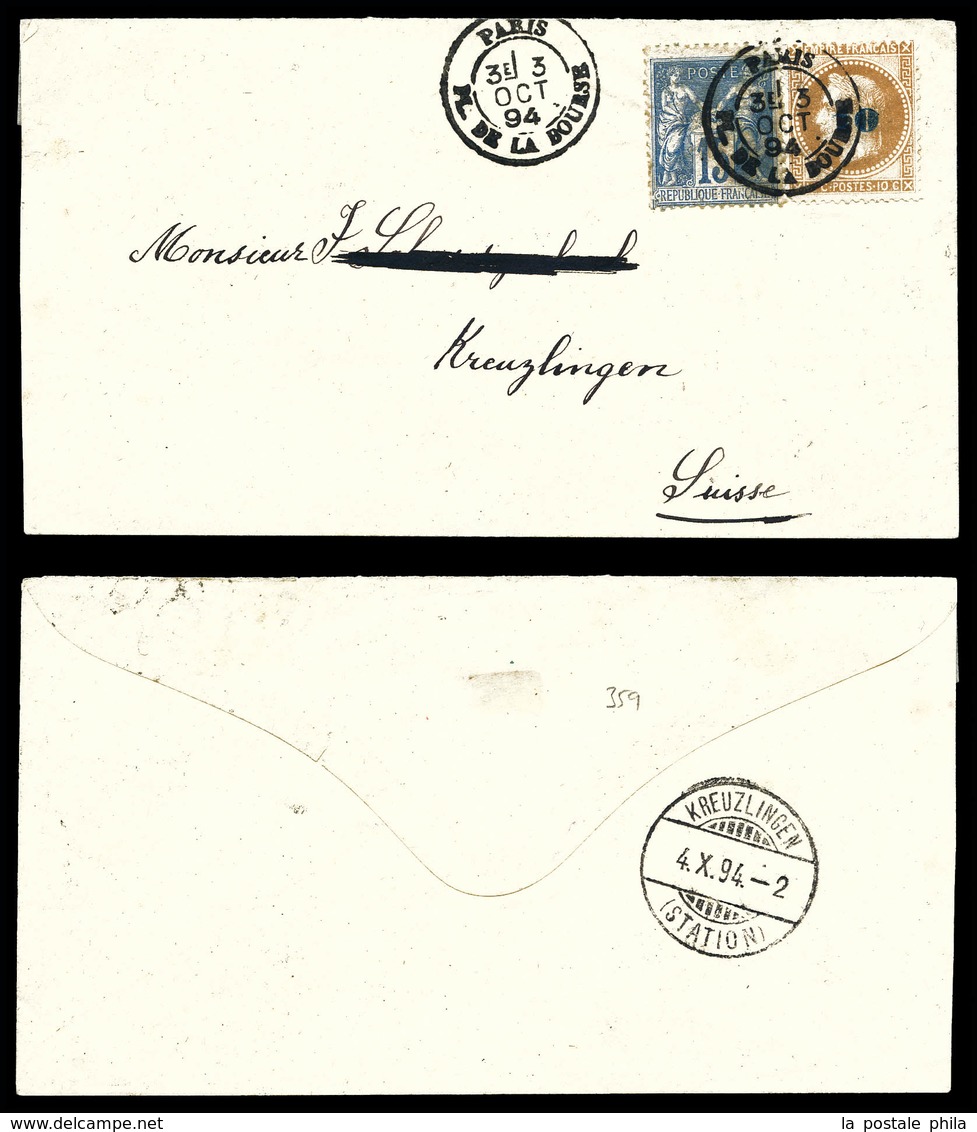 O N°34, 10c Sur 10c Lauré +15c Sage Obl Sur Lettre De Paris Le 3 Oct 1894 Pour La Suisse. SUP. R.R (certificat)  Qualité - 1849-1876: Période Classique