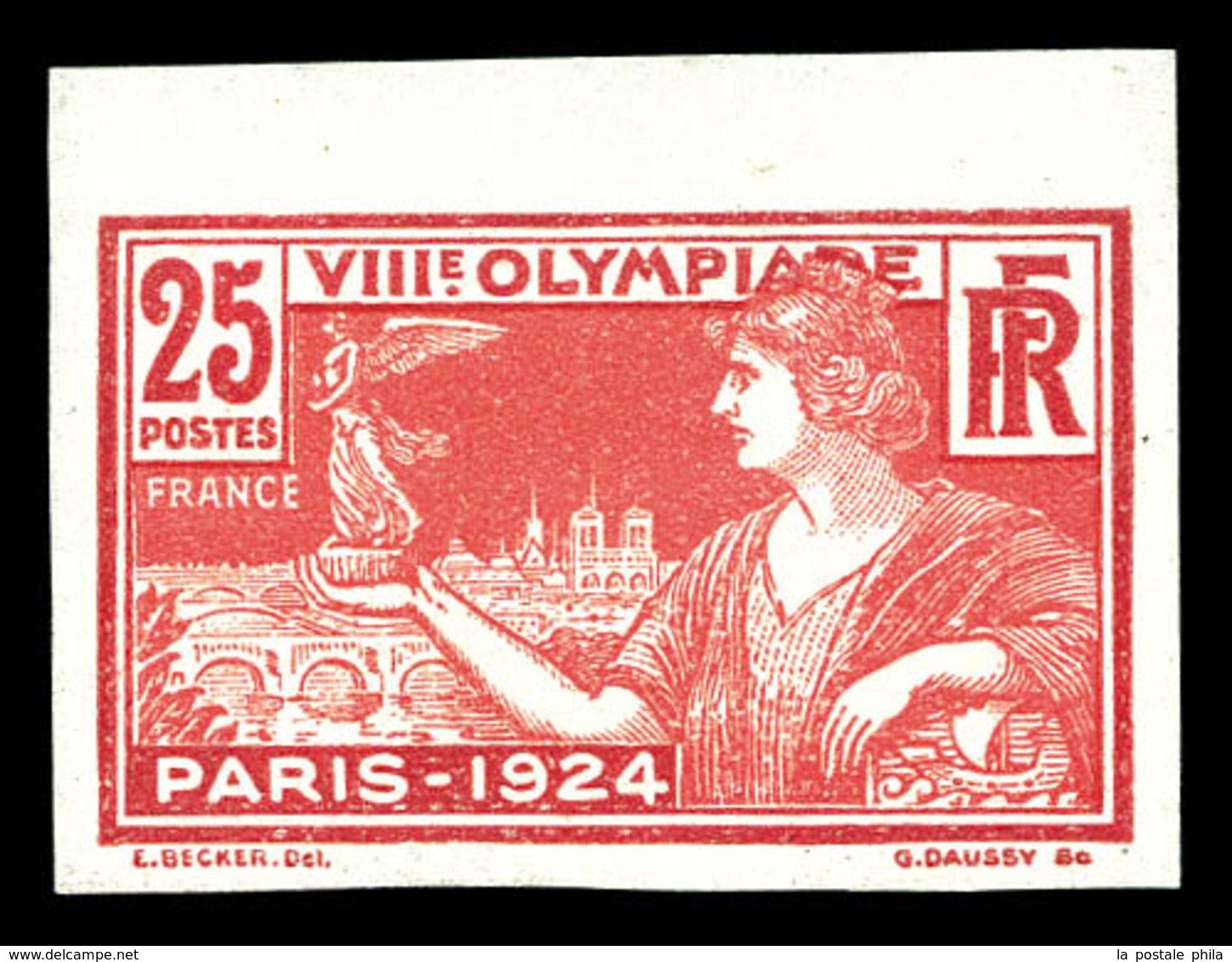 ** N°184a, 25c Jeux Olympique De Paris 1924, Non Dentelé, Haut De Feuille. SUP. R. (signé Brun/certificats)  Qualité: ** - Non Classés