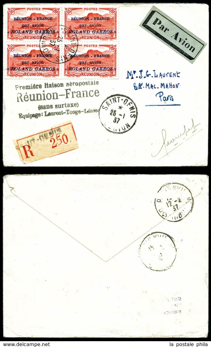 O N°1, 50c Rouge Surchargé 'ROLAND GARROS' En Bloc De 4 Obl St Denis/Reunion Sur Lettre Recommandée Du 25/1/1937 Avec Gr - Neufs